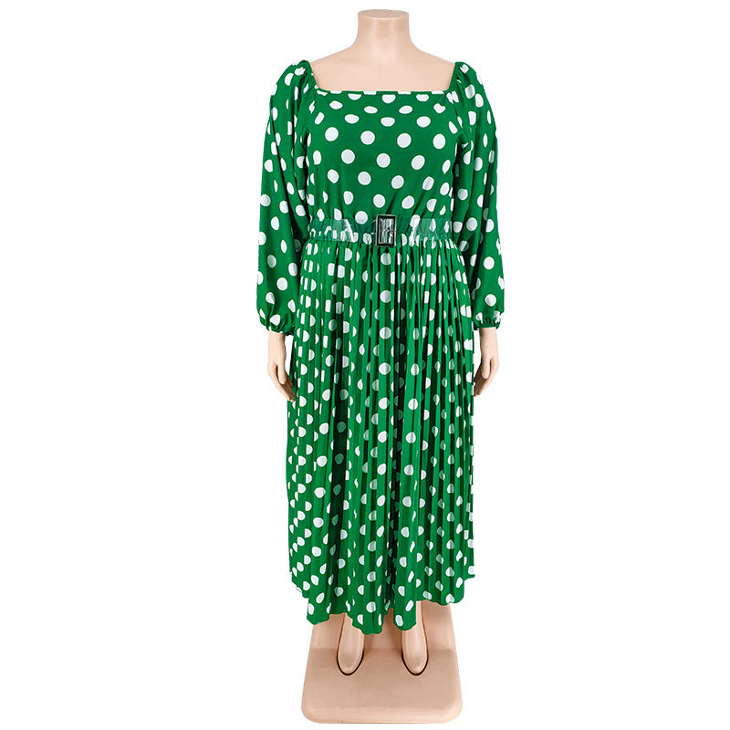 Plus Size Women'S Polka Dot Print Long Sleeve Pleated Dress With Belt 16