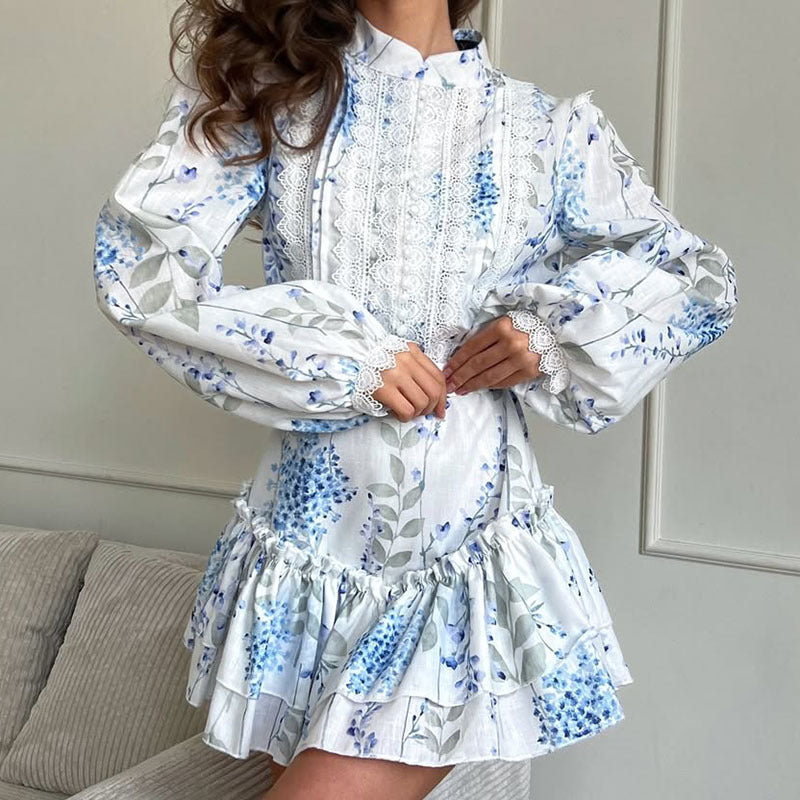Women summer blue and white printed stand-collar puff sleeve long-sleeved ruffle dress 3