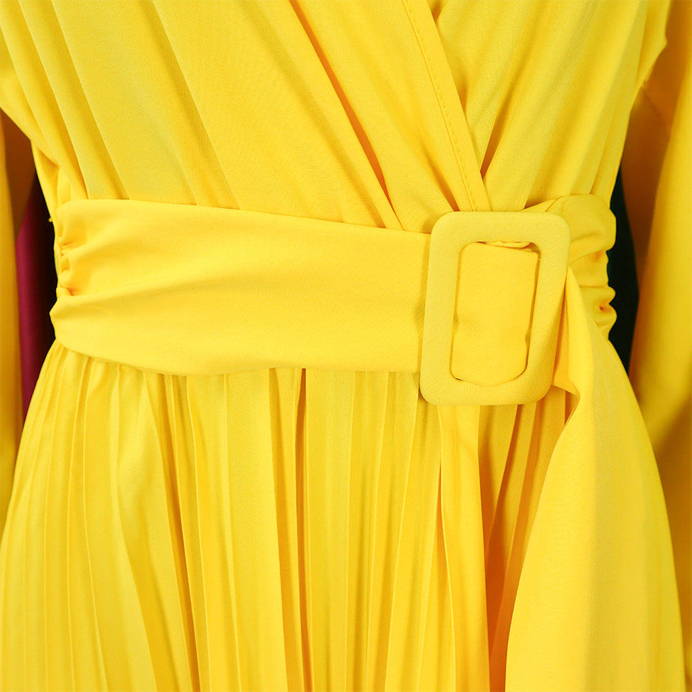 V-Neck Chic Elegant Slim Waist Belted Pleated High Waist Plus Size Dress 30