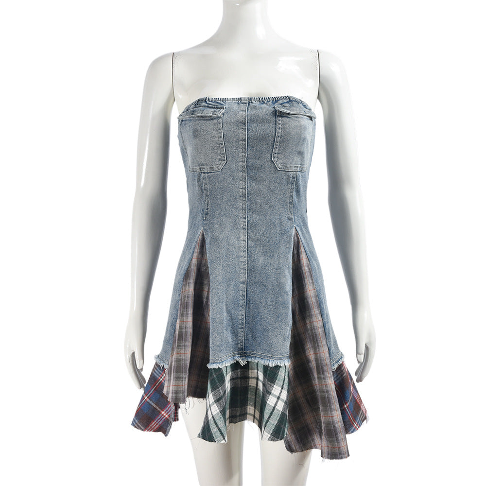 Women's Strapless Sexy Contrast Plaid Patchwork Stretch Denim Dress 8