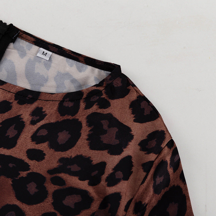 Round Neck Sexy Long Autumn Leopard Print High Waist Slim Dress 10