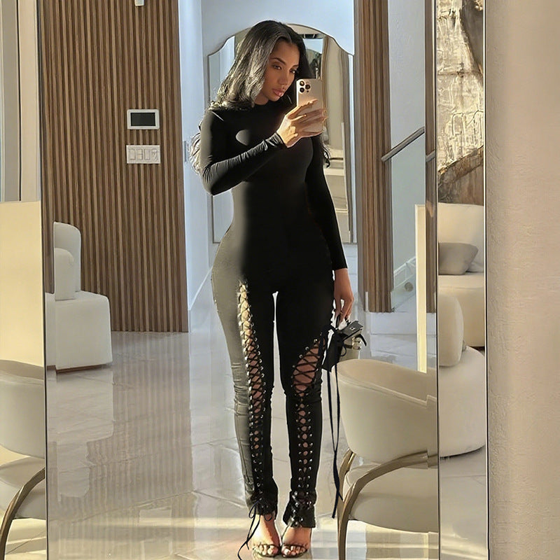 Women Fall/Winter Long-Sleeved Sexy Cutout Lace-Up Jumpsuit 13
