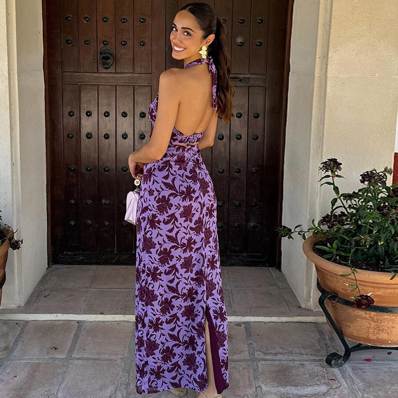 Spring Summer Women's Printed Halter Neck Lace-up Sexy Low-Back Slim Dress 5