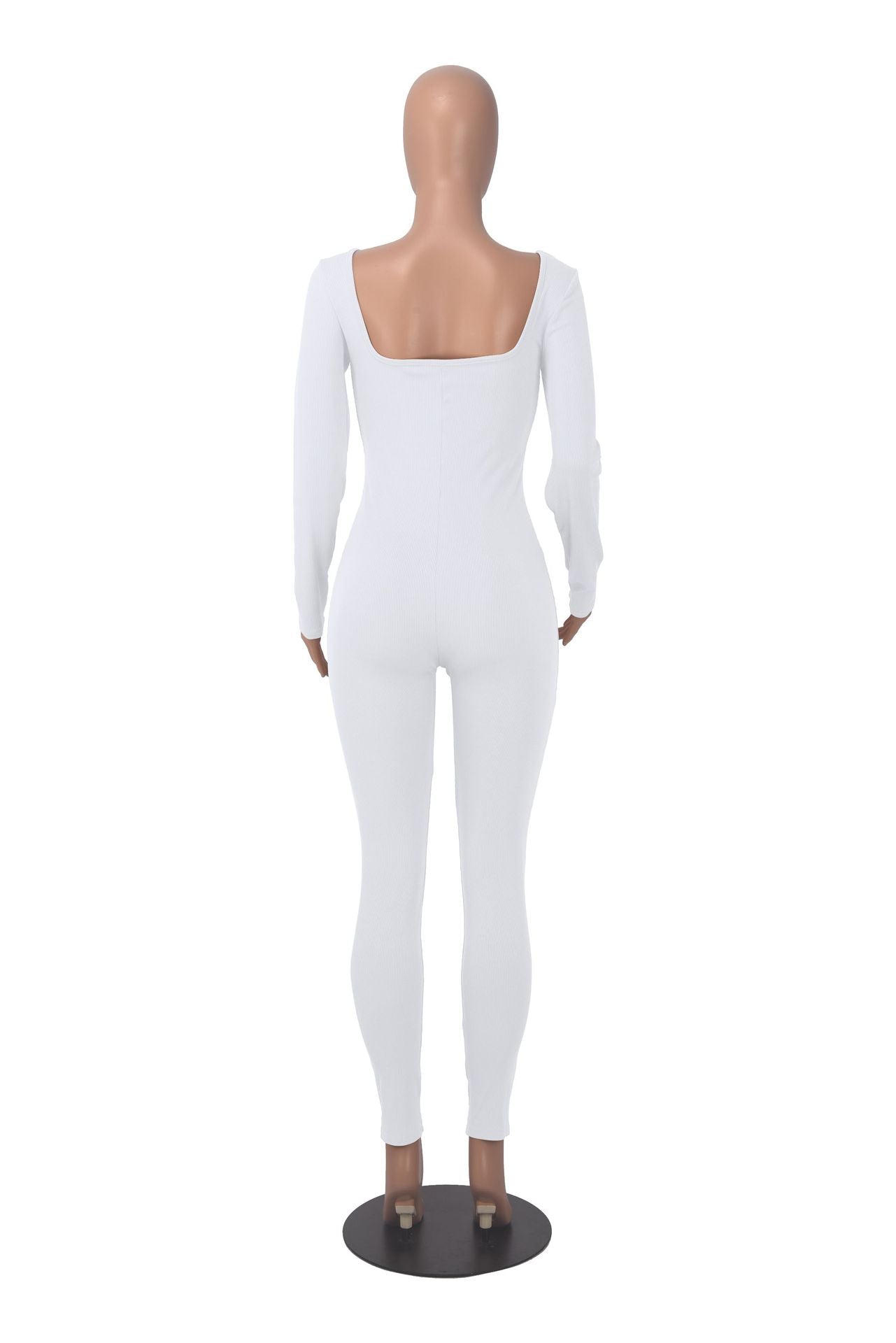 Women's Solid Color Long Sleeve Ribbed Square Neck Low Back Butt Lift Slim Athletic Jumpsuit 23