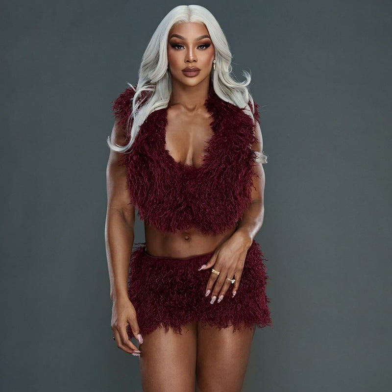 Women's Faux Fur U-Neck Hooded Low Back Top & Skirt Two-Piece Set 22