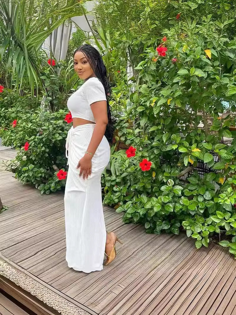 Women sexy pleated short-sleeved top and Drawstring Pleated Skirt Two-piece Set 4