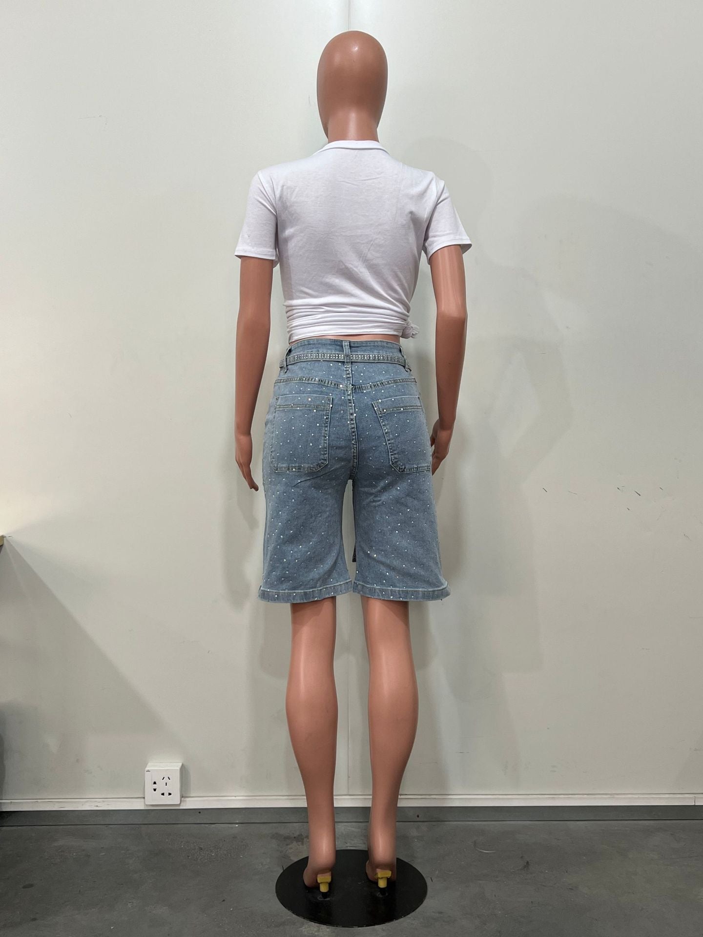 Spring Summer women's loose beaded midi denim pants with belt 6