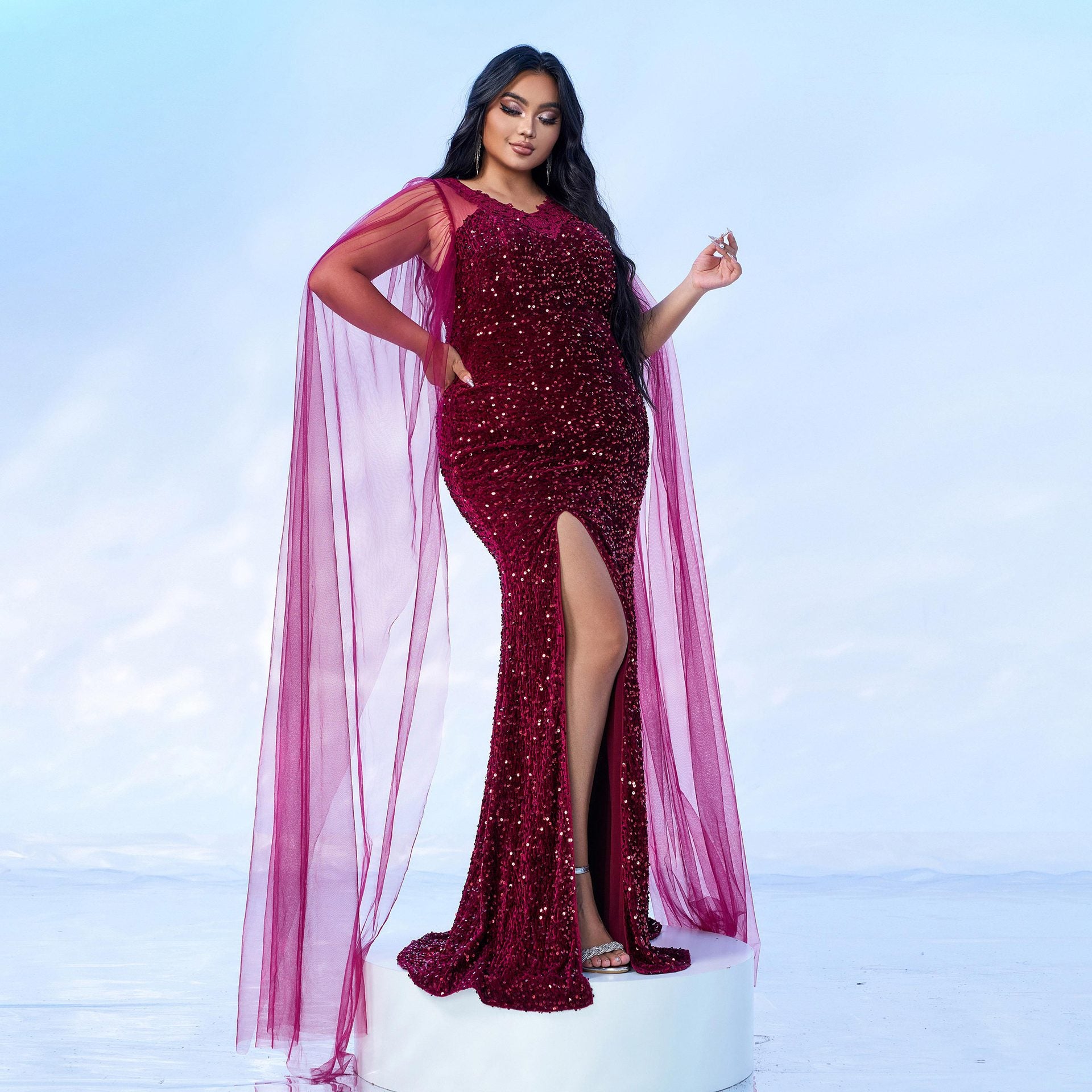 Plus Size Women Long Sleeve V-neck Formal Party Sequined Fishtail Evening Dress Dress