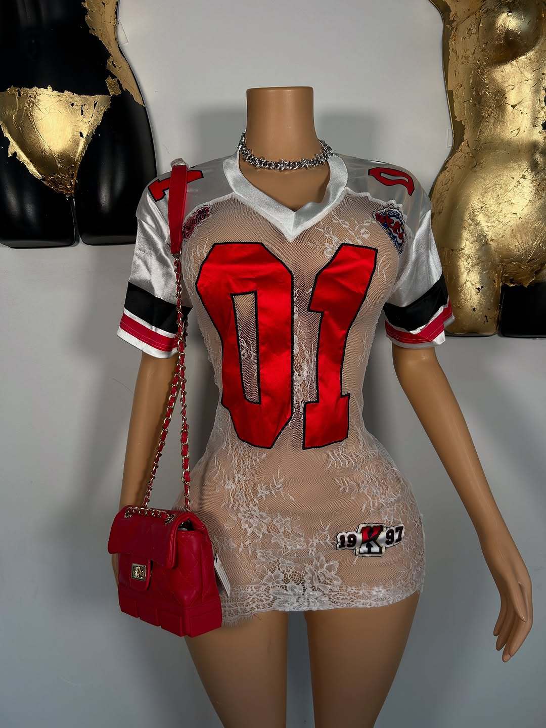 Women Sexy Lace See-Through Embroidered Letter Short-Sleeved V-Neck Dress 3