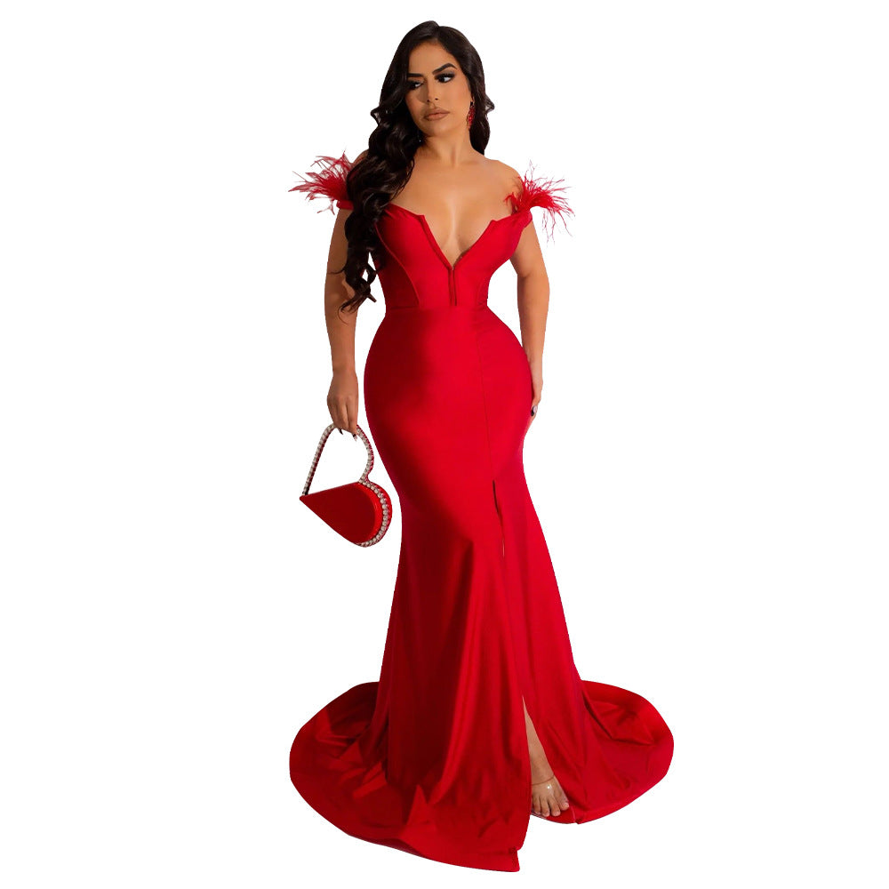 Women solid color v-neck sleeveless slit mermaid dress evening dress 8