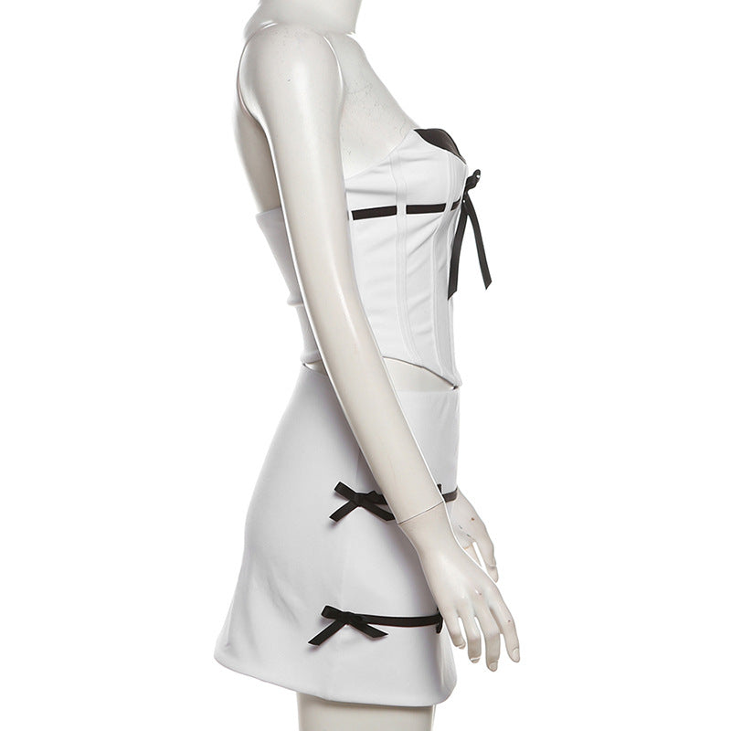 Women jacquard Lace-Up herringbone Strapless Top and Bodycon skirt two-piece set 11