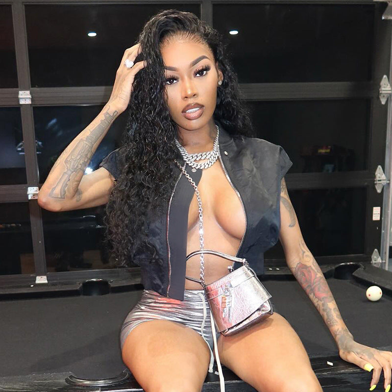 Women's Spring/Summer Stand Collar Button Zipper Slim Waist Solid Color Top 4