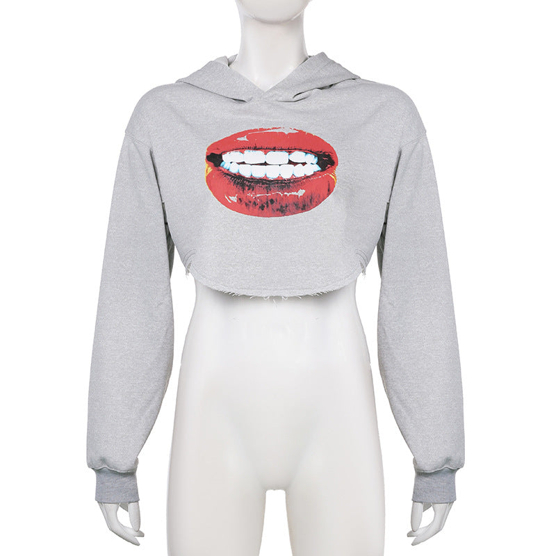Women American Street Sports Long Sleeve Loose Big Red Lip Crop Hoodies 6