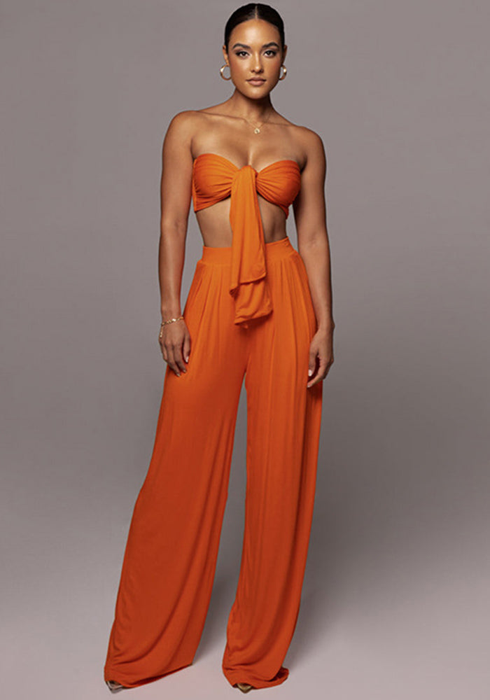 Women's Sexy Solid Color Tie Strapless Top Mid-Waist Wide Leg Pants Fashion Casual Two Piece Set