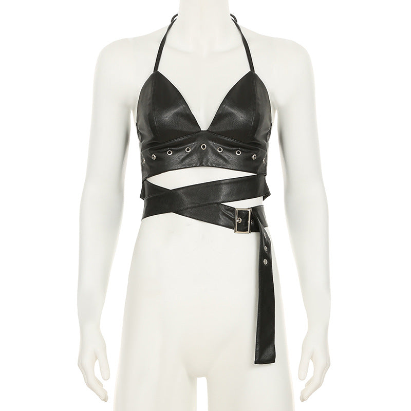 Punk Sexy Leather V-Neck Strap Vest Top Hollow Pin Buckle Adjustable Skirt Set 12