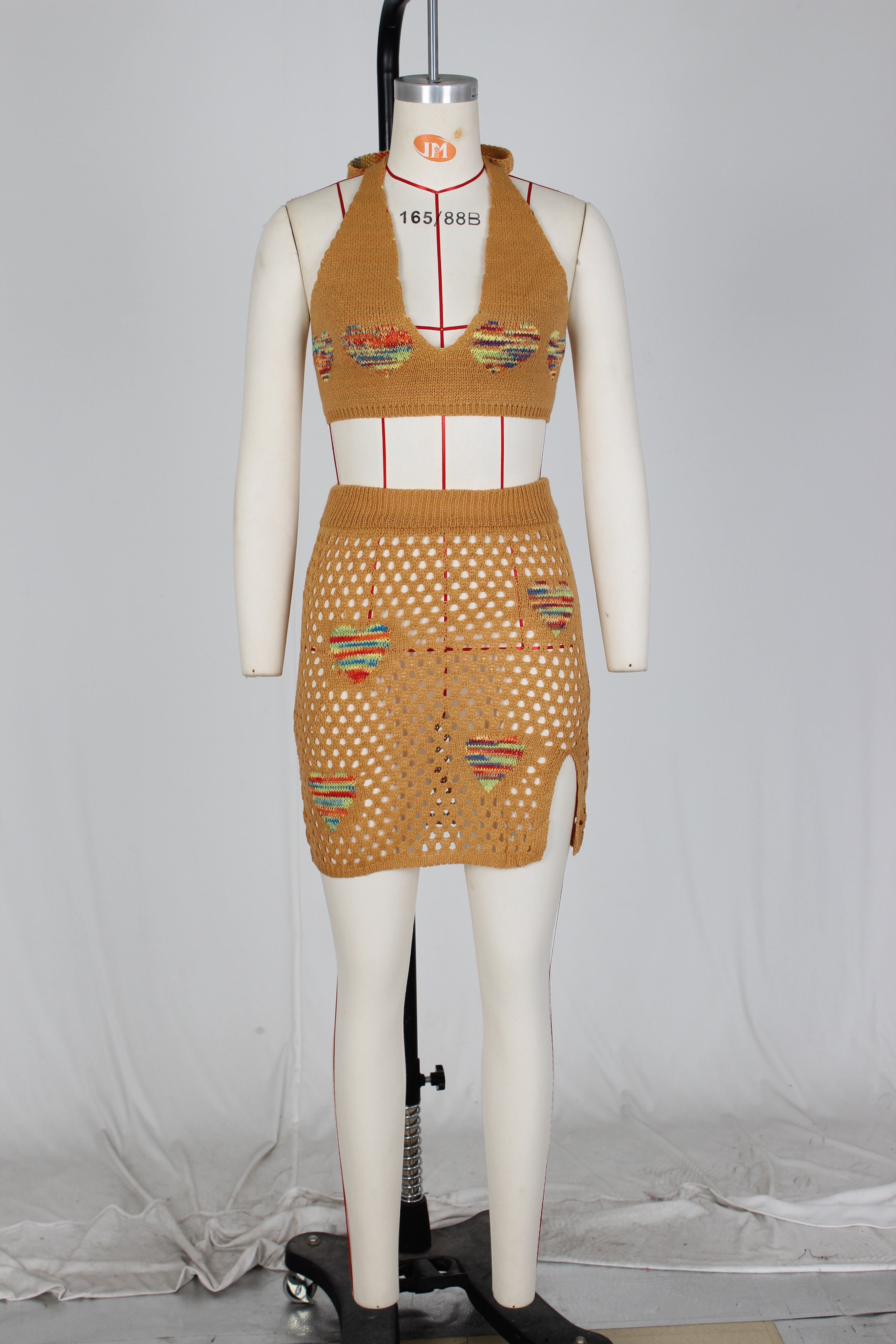 Women's Sexy Heart Print Jacquard Hollow Knitting Beach Fashion Two Piece Skirt Set 21