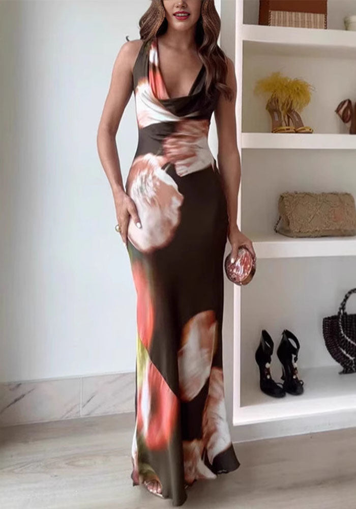 Summer Fashion Sleeveless Strap Print Long Slim High Waist long dress