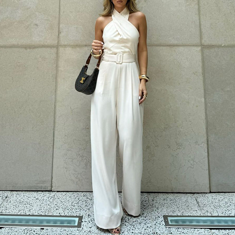 Women's Spring/Summer Fashion Chic Solid Color Halter Neck Slim Waist Jumpsuit 4