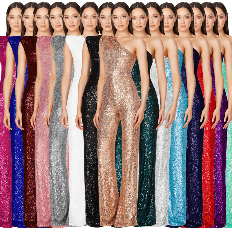 Women's Sleeveless One Shoulder Low Back Sequined Jumpsuit