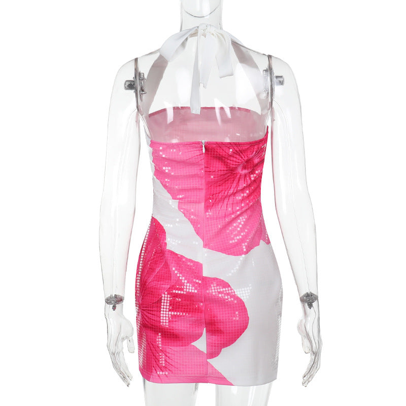 Autumn Floral Sequin Halter Neck Women's Chic Bodycon Dress 13