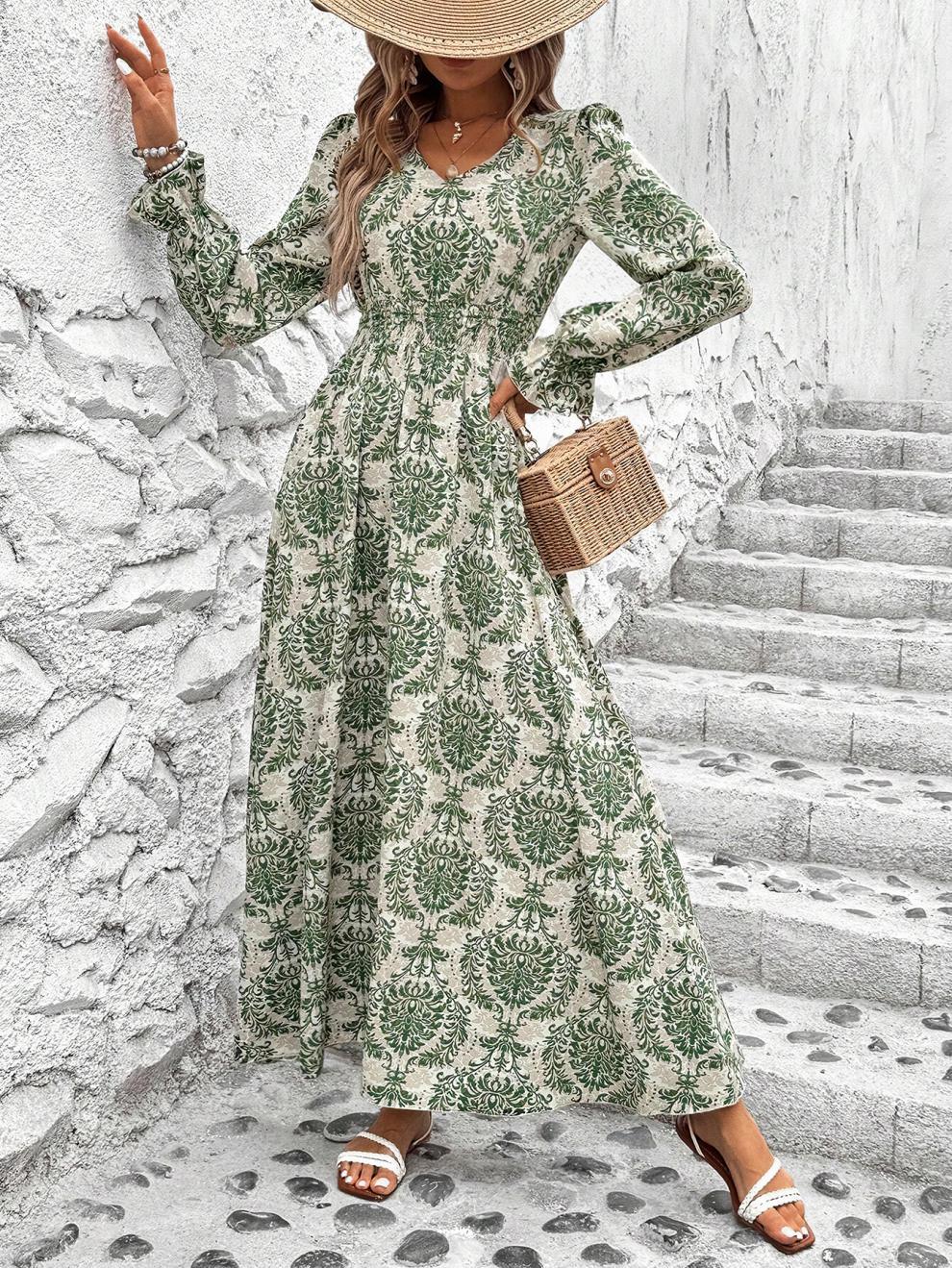 Autumn Women's Printed V-Neck Long Sleeve Fashion Long Dress 5