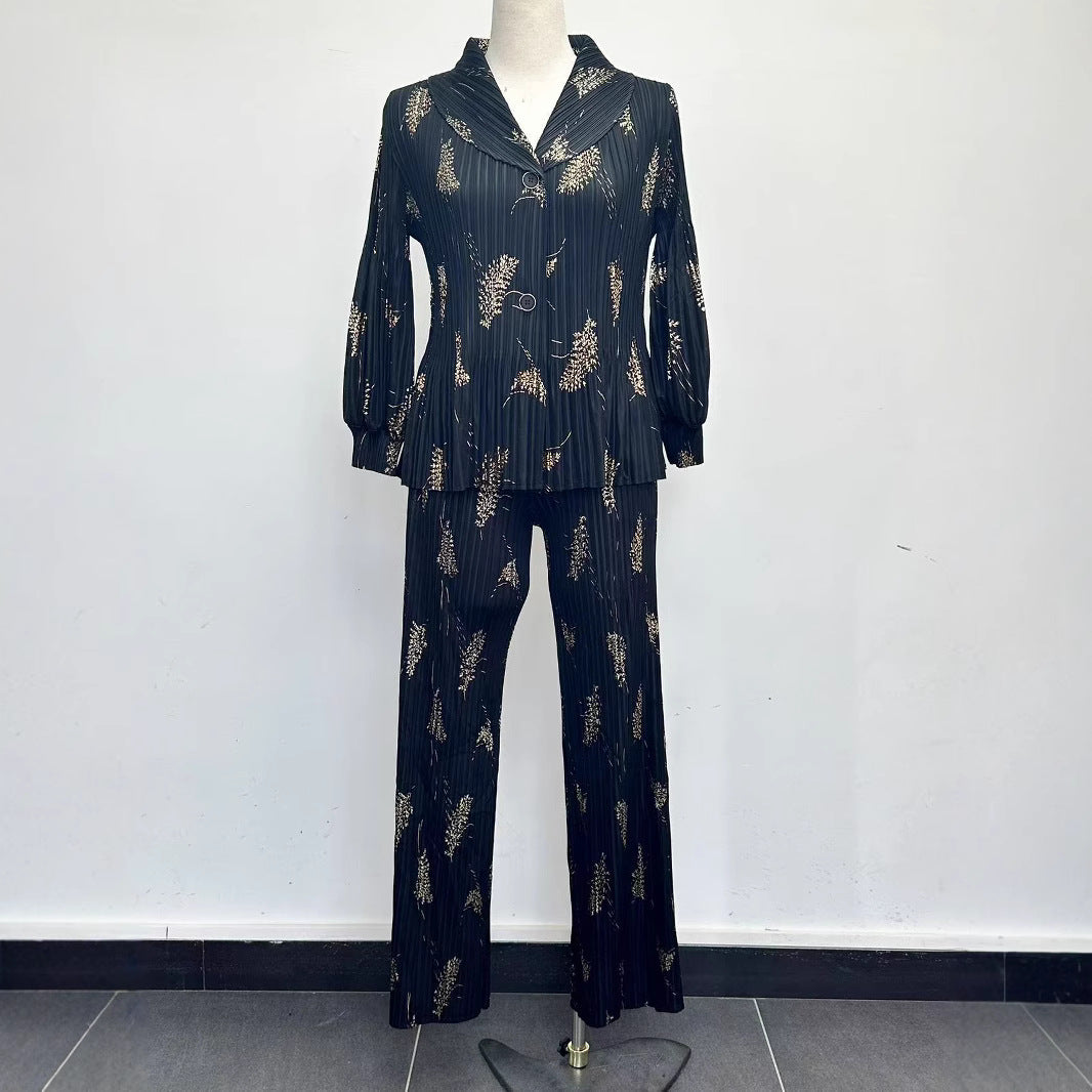 Plus Size Women Casual Pleated Blazer and Pants Two Piece Set