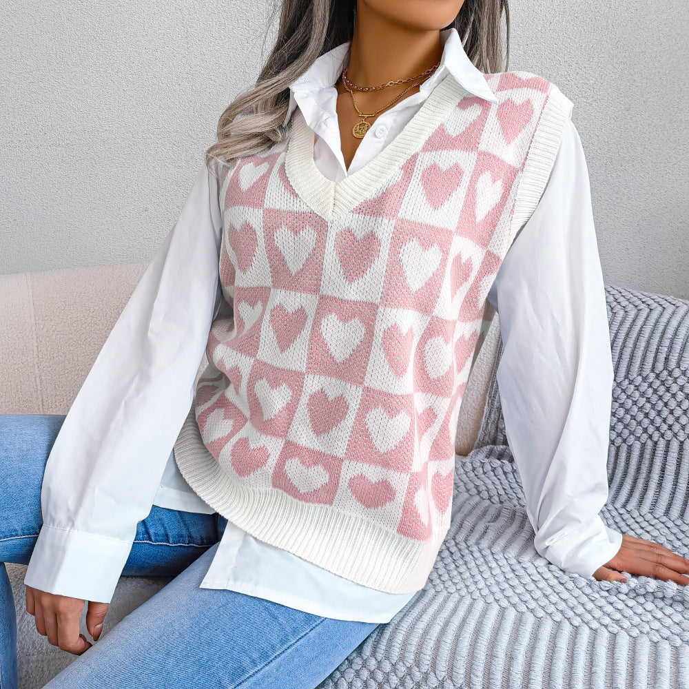 Fall/Winter Preppy Heart Print Knitting Vest Sweater Vest 10