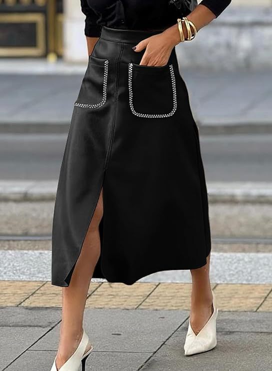 Women's Faux Suede Autumn And Winter Elastic Waist Front Pocket A-Line Midi Skirt 4