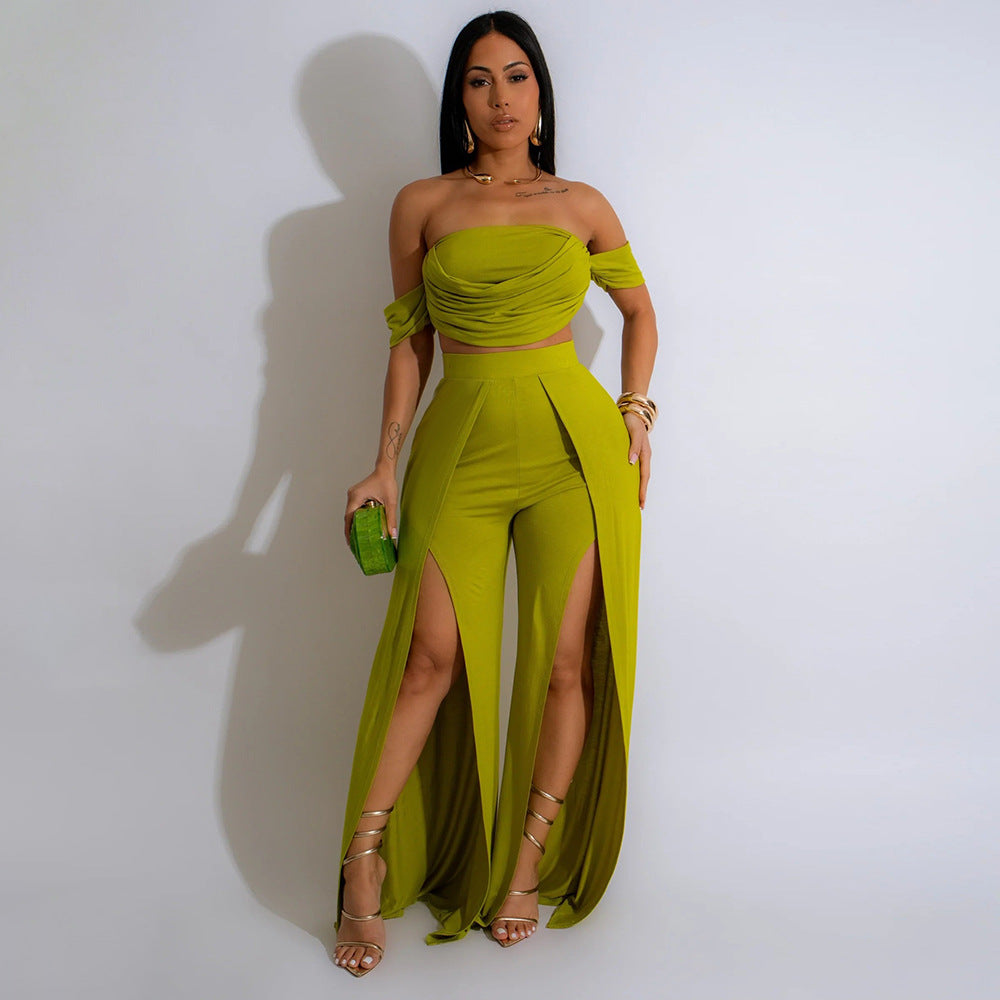 Women Strapless Top and Slit Wide Leg Pants Two-Piece Set 5