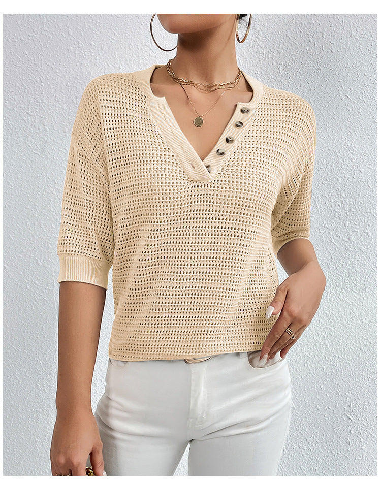 Women Casual V-neck Hollow Knitting Short Sleeve Top 5