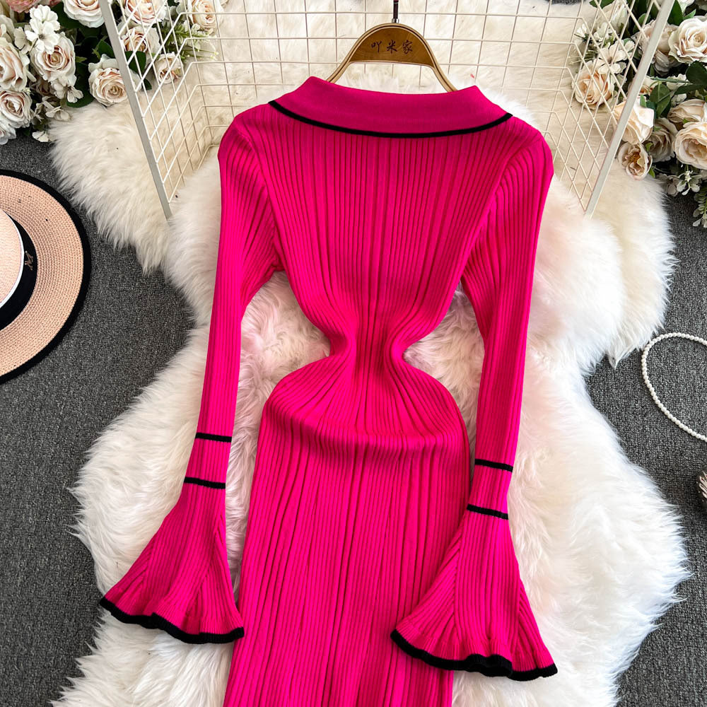 Winter Turndown Collar Knitting Dress Women Long Sleeve Fashion Chic Slim Waist Sweater Dress 15