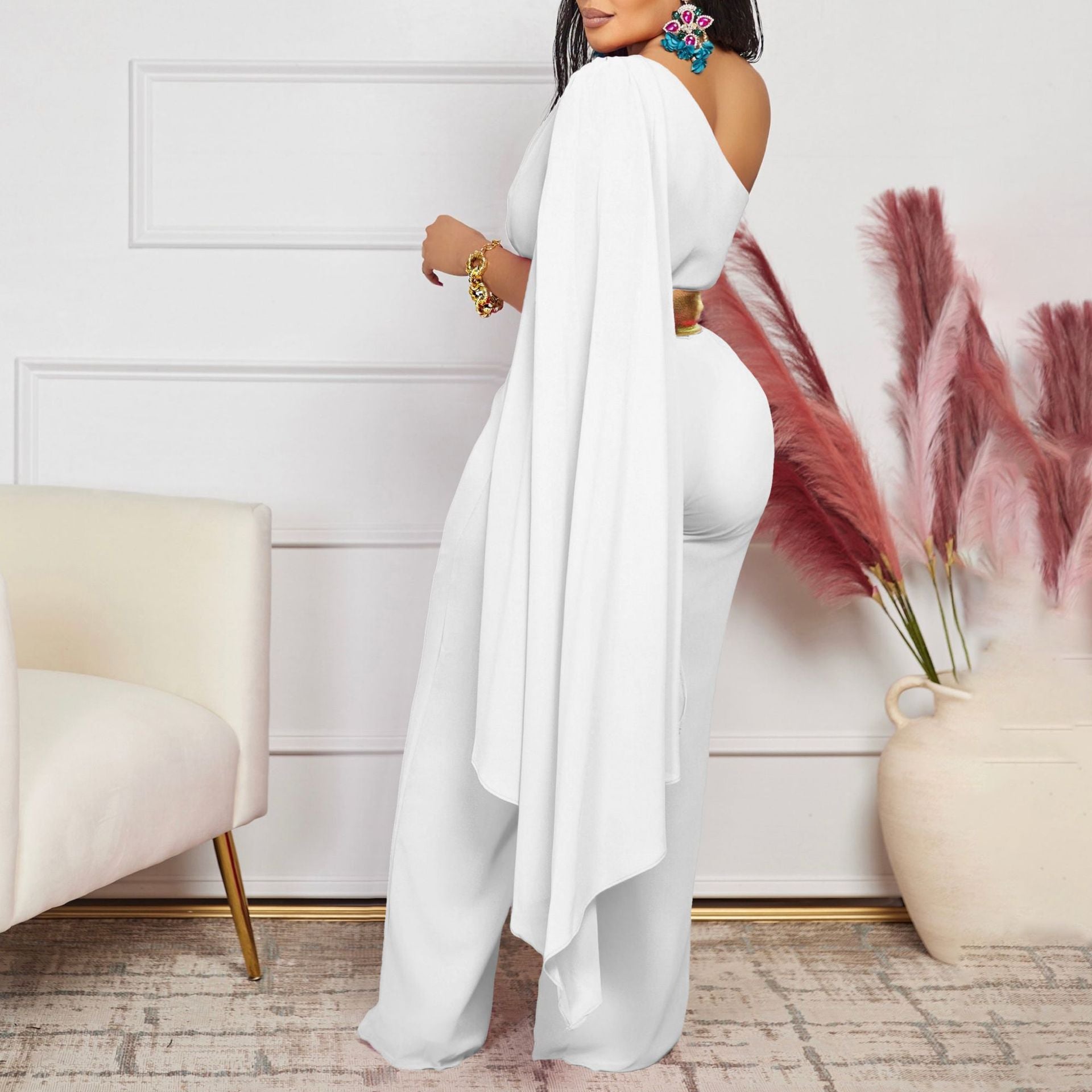 Women's Spring Summer Fashion Chic Slash Shoulder Patchwork Pleated OL High Waist African Jumpsuit 9