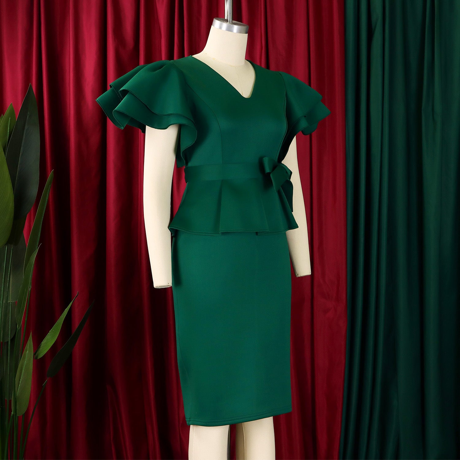 Women elegant ruffled solid bodycon formal party dress 17