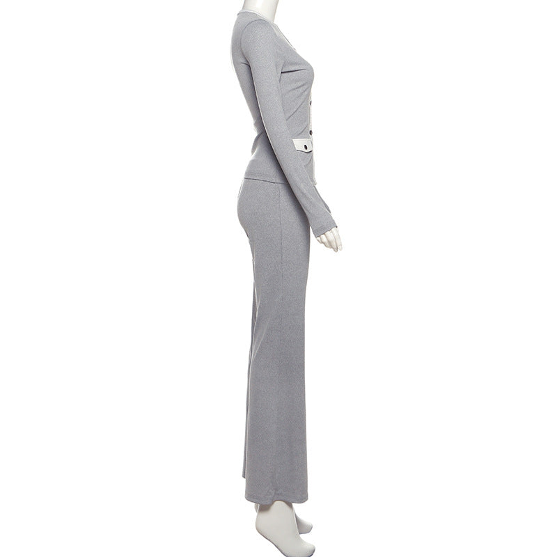 Women's Autumn Style Round Neck Button Contrast Color Long Sleeve Top & High-Waist Slim Fit Pants Set 13