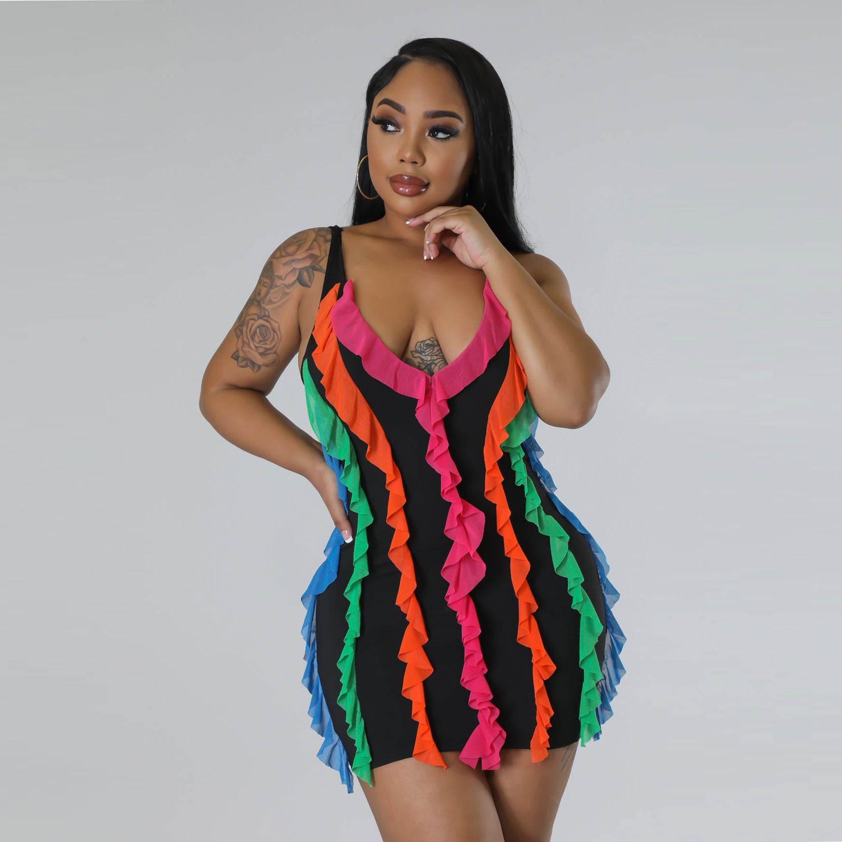 Women Contrasting Ruffles Line Irregular Mini Dress 5