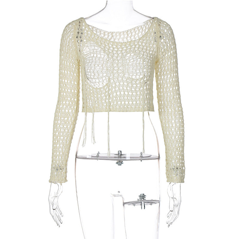 Women's Knitting Blouse Ripped Sexy Design Short Long Sleeve Top 13