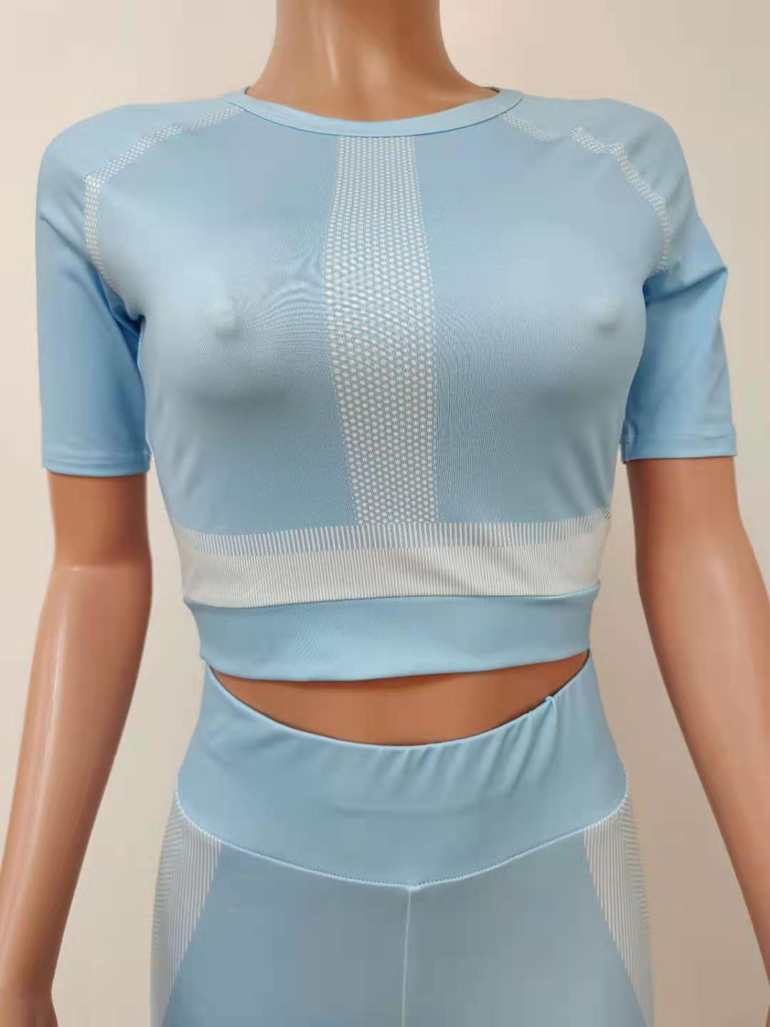 Women Summer Printed Short Sleeve Yoga Two-piece Set 8