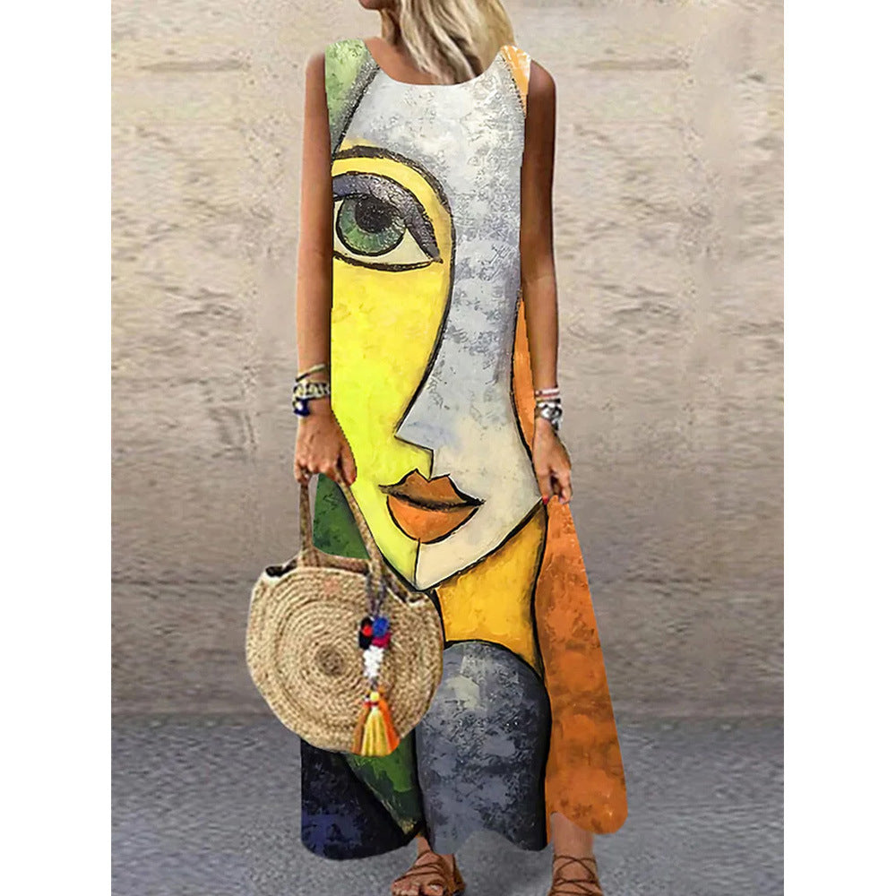 Women Vintage Print Sleeveless Round Neck Maxi Dress 6