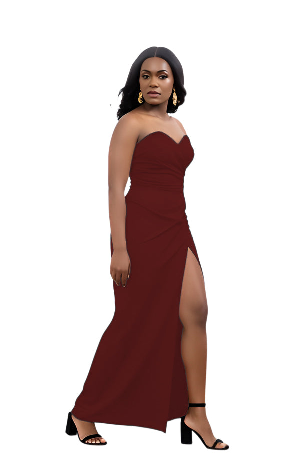 Solid Color Strapless Slit Long Dress 11