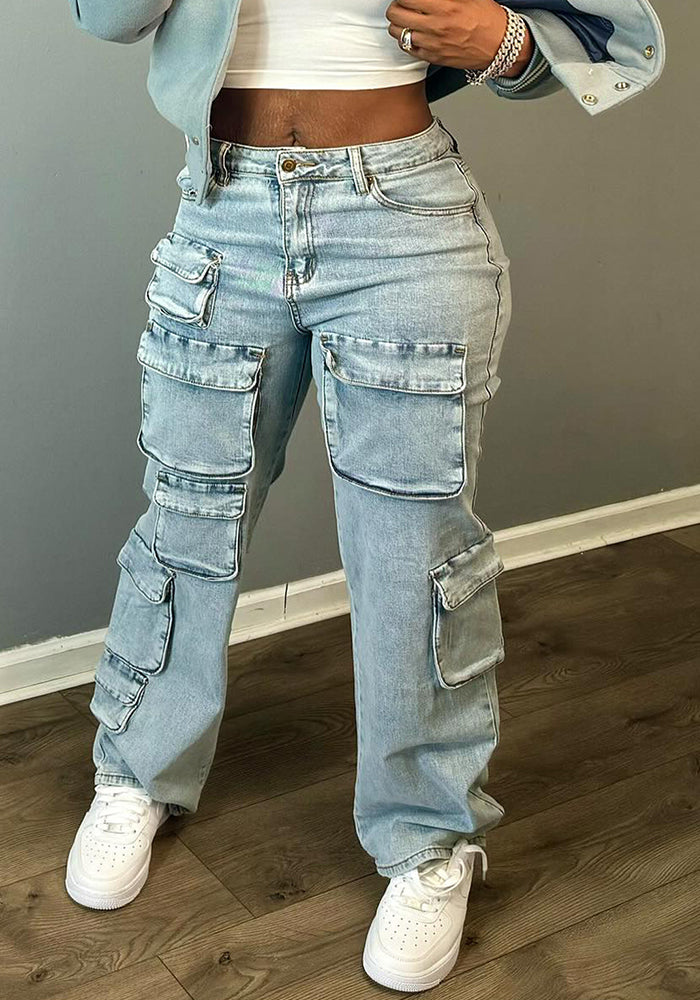 Women's Sexy Trendy Multi-Pocket High Stretch Denim Straight Cargo Pants