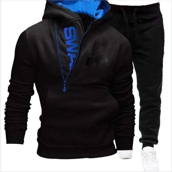 Men's Side Zip Contrast Hood Fleece Hoodies Sweatpants Two Piece Set 6