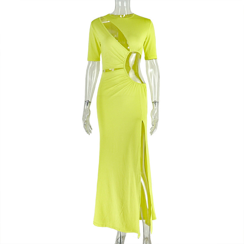 Chic Women's Fashion Cut-Out Slit Irregular Round Neck Solid Color Pleated Dress 18
