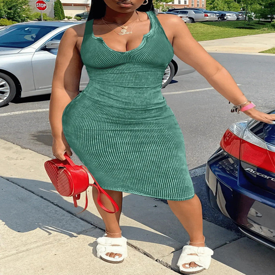 Sexy U-Neck Solid Color Sleeveless Bodycon Midi Dress Women's Clothing 9