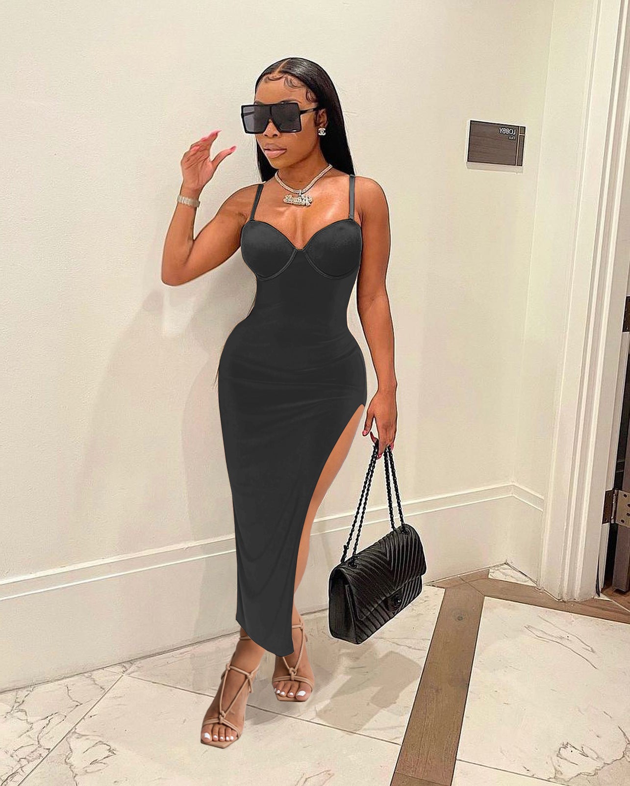 Women Sexy Low-Cut Backless Solid Color Straps Slit Bodycon Dress 9