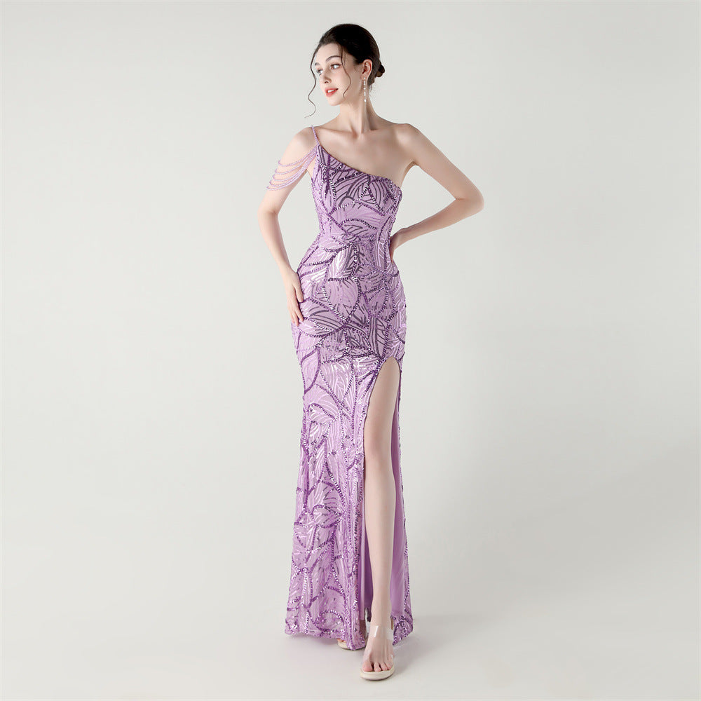 Women One Shoulder Beaded Sequin Embroidery Formal Party Prom Wedding Evening Dress 14