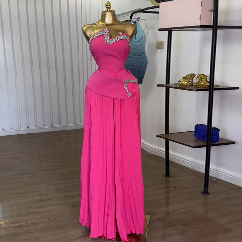 Women's Summer Strapless Crystal-Embellished Asymmetrical Top & Pleated Wide-Leg Pants Set