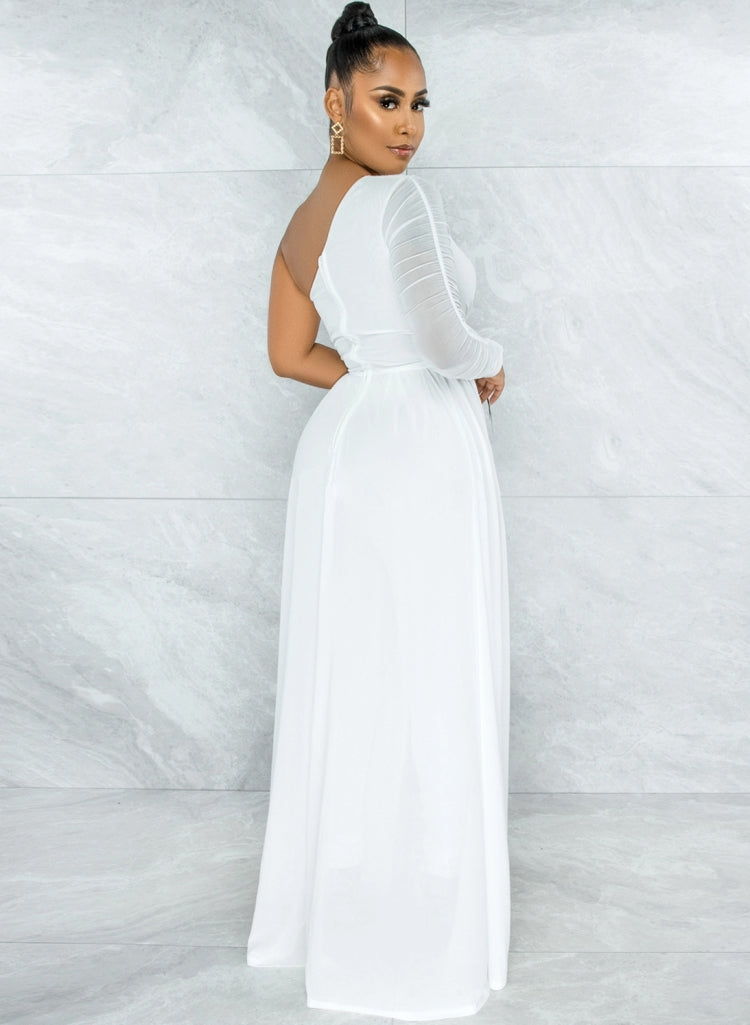 Women Summer White Romantic Slash Neck Full Sleeves Solid Mesh Ripped Full Length Regular Jumpsuit