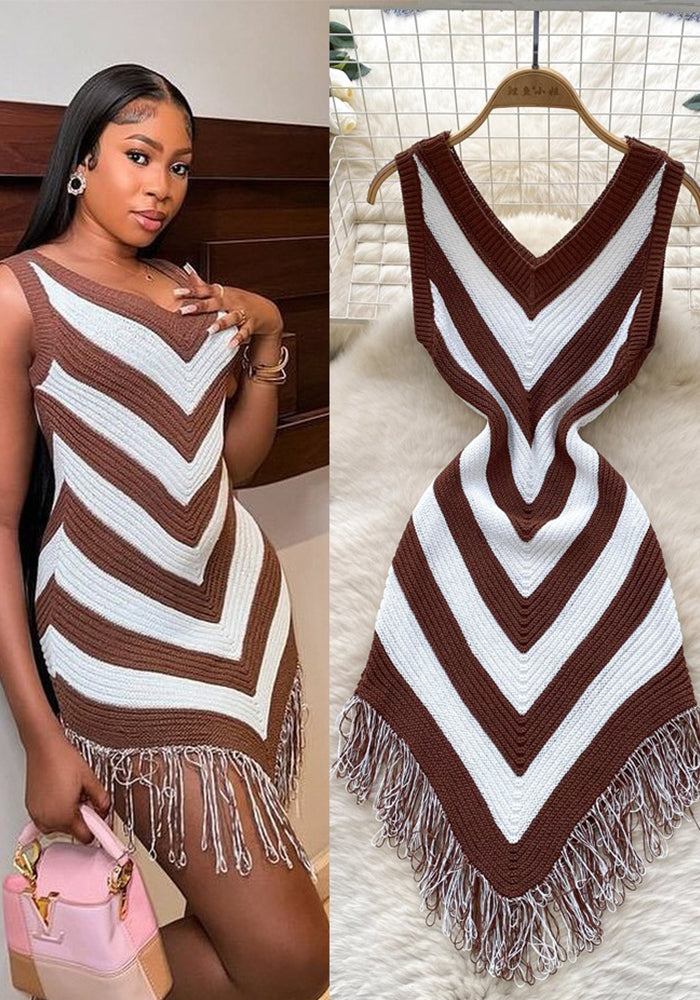 Holidays Women's Summer Color Matching Slim Irregular Tassel Dress