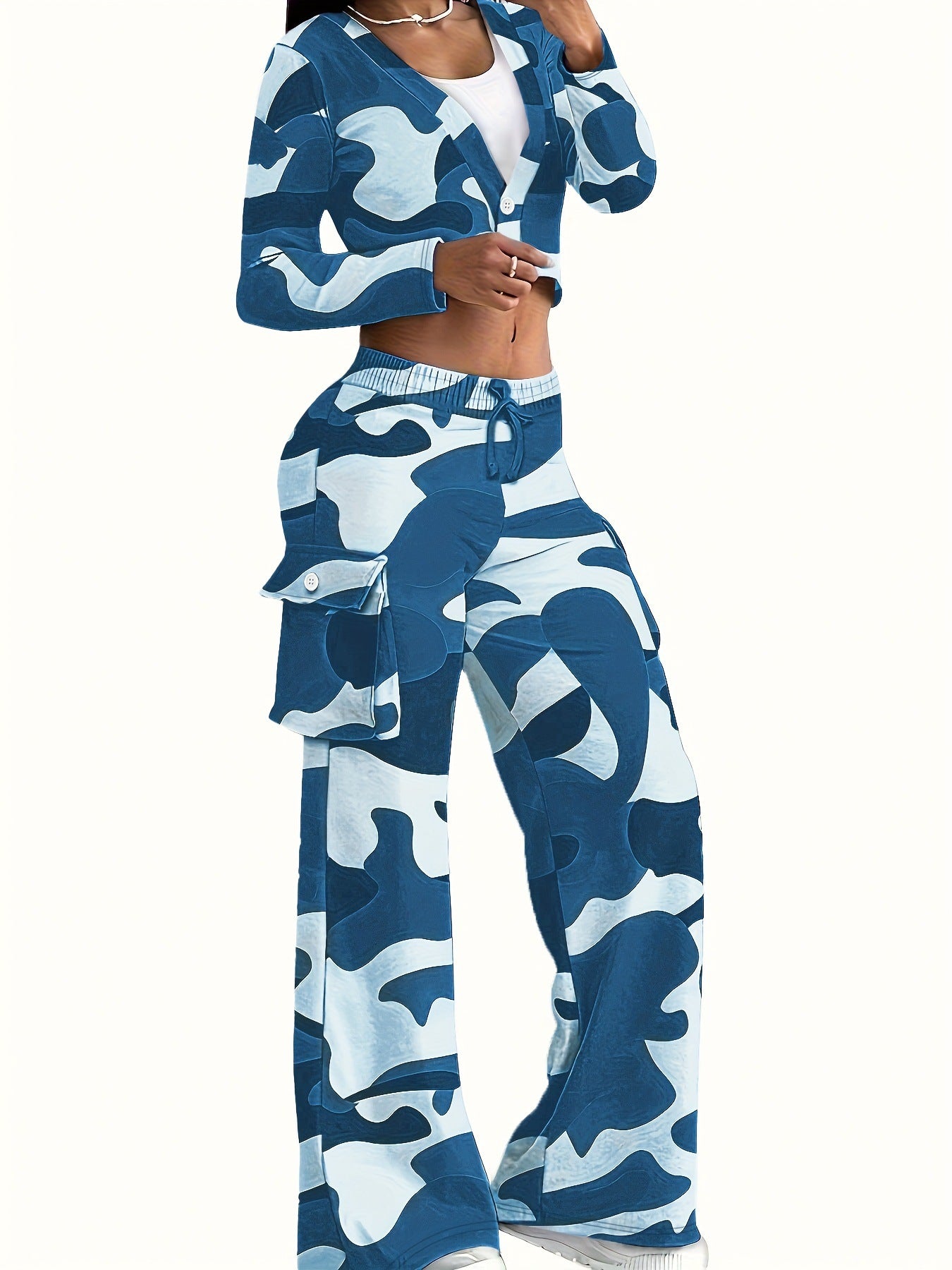 Women Camo Print Casual Sexy Crop Top and Pants Two-piece Set 4
