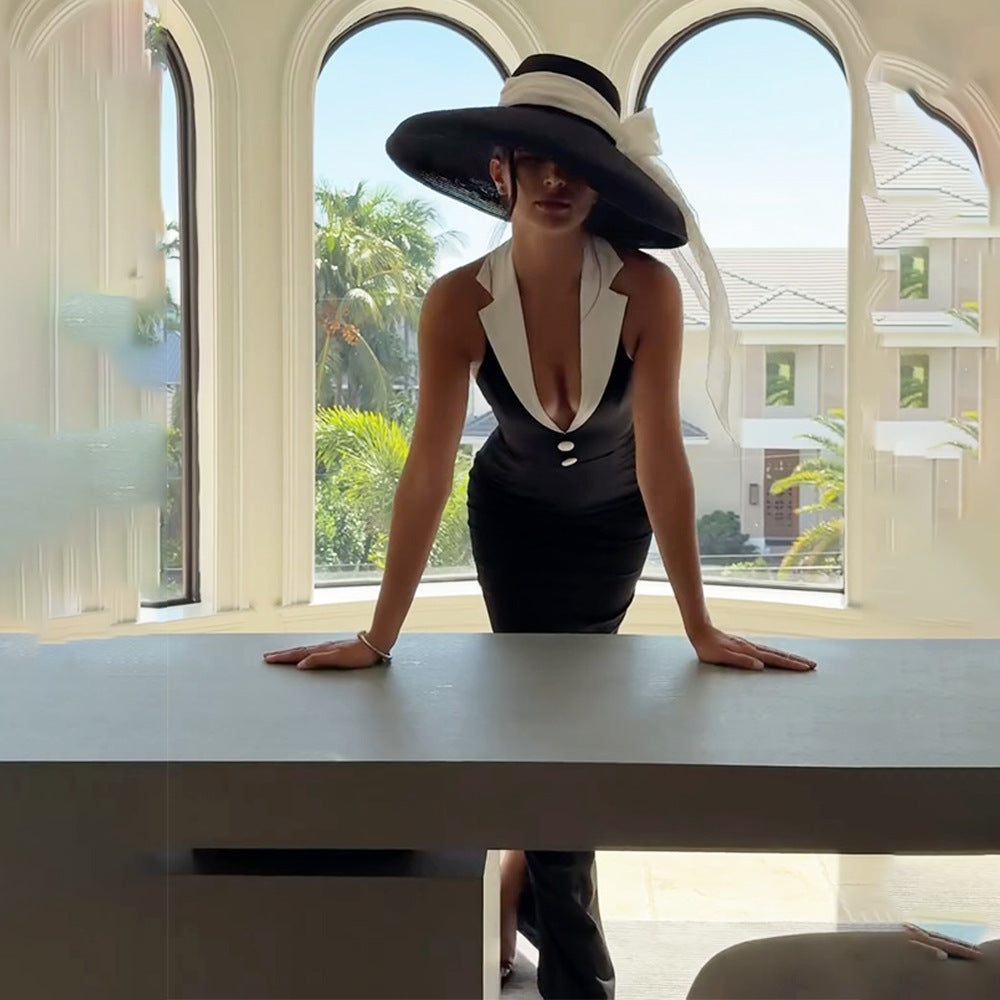 Women Turndown Collar Backless Slit Maxi Dress 4